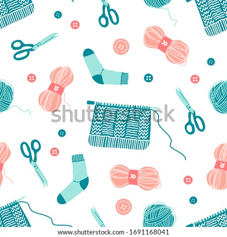 Cute tools and accessories for crochet seamless pattern on white background. Scissors, buttons, yarn, socks, knitted fabric. Hand drawn flat vector illustration. For wrapping, textile, paper print.