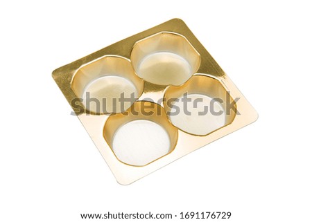 Golden plastic tray, separate on a white background
