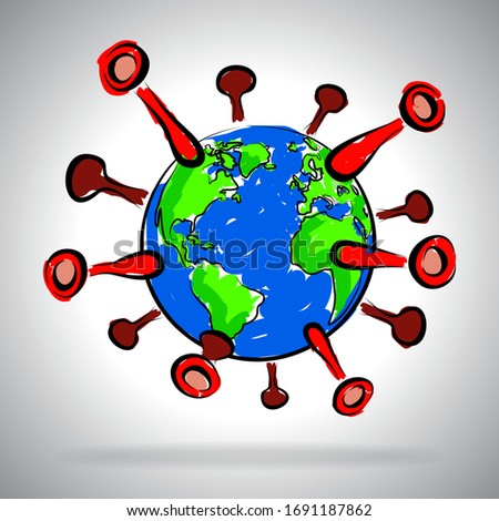 Planet Earth globe with icon of coronavirus 2019-nCov. The spread of a virus outbreak in the world. COVID 19 outbreak and world pandemic risk concept. Stop coronavirus. Flat vector illustration