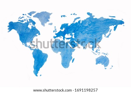World map blue on white background. Watercolor illustration. Transparent