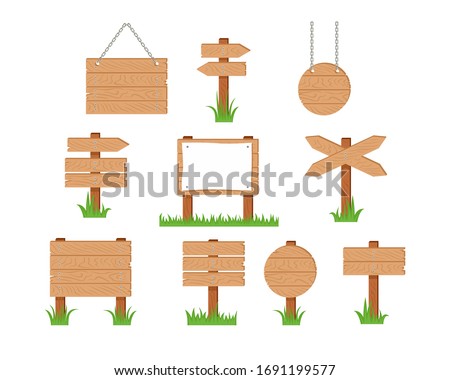Wooden sign and pointer in green grass set. Vector cartoon old wood sign post, sign board with sheet of white paper, banners hanging on chains and arrow isolated on white. Simple flat illustration.