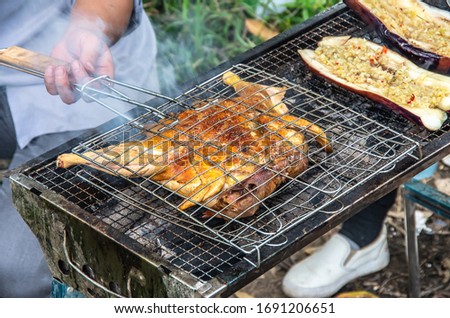Delicious whole chicken grilled outdoors Royalty-Free Stock Photo #1691206651