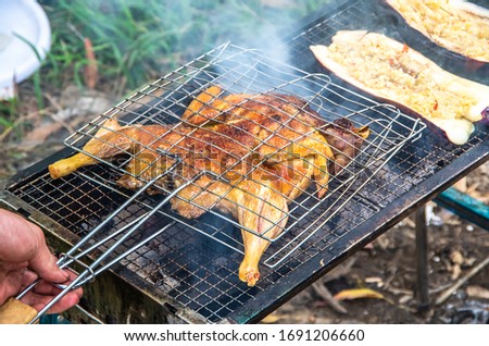 Delicious whole chicken grilled outdoors Royalty-Free Stock Photo #1691206660