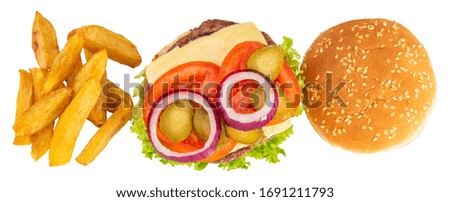 Big  burger with french fries isolated on white background. Top view.