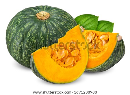 Green pumpskin and slice with leaf isolated on white, pumpkin clipping path