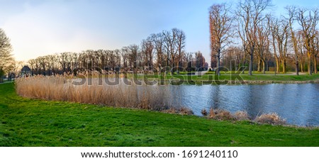 Panoramic view at Sunset, early spring. Herrenhausen Gardens, Hannover, Germany.