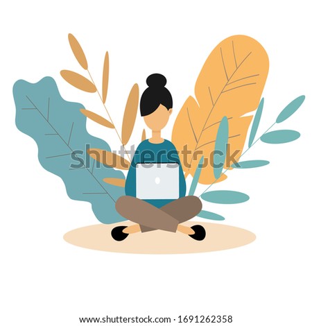 Girl sitting in the Lotus position and works with  laptop.Home office concept.Freelance or studying concept.Remote work from home with .Vector illustration in flat style.