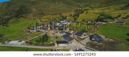 Aerial view in Balouta, village in green valley of Leon, Spain. Drone Photo
