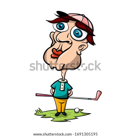 Golfer Vector Clip Art. Funny Golf Player Character with Stick and Ball Isolated on White Background. 