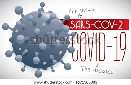 Design with spiked representation of coronavirus SARS-CoV-2 and the name of the disease caused by this virus: COVID-19.