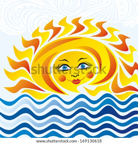 Sea wave and sun cartoon cute sky pattern vector illustration