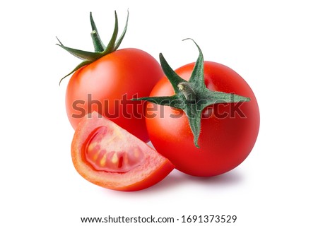 Two whole and cut wedge of fresh, red tomato isolated on white background. Clipping path. Full depth of field. Royalty-Free Stock Photo #1691373529