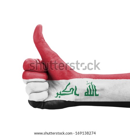 Hand with thumb up, Iraq flag painted as symbol of excellence, achievement, good - isolated on white background