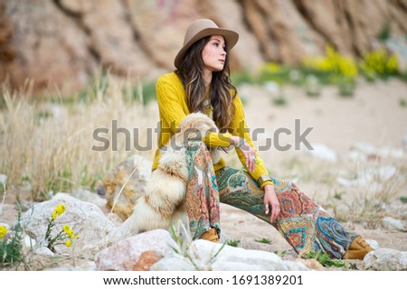 Beautiful asian girl clothing style boho outdoor. Woman in hat. Outdoor recreation.