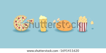 illustration flat art design of snack; roasted chicken, pizza, a glass of beer, popcorn, conceptual of togetherness and sharing,friendship, dinner, party, family, happiness time, weekend.