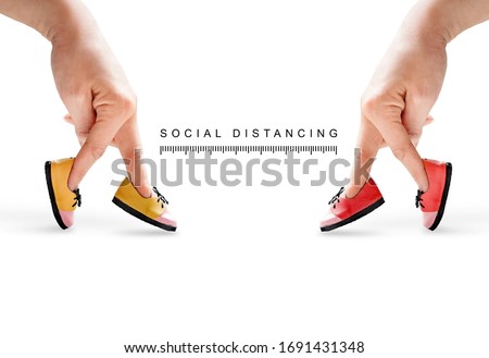 Social distancing new normal  concept, People hand finger walking with shoe together in relationship concept , Coronavirus or Covid-19 Contagious disease concept Royalty-Free Stock Photo #1691431348