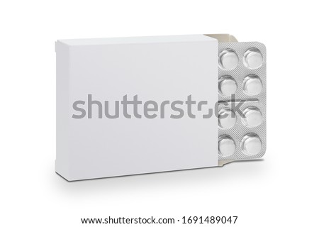 White tablet pills in blister packs in a white cardboard box. Medical preparations. White background. Close up Royalty-Free Stock Photo #1691489047