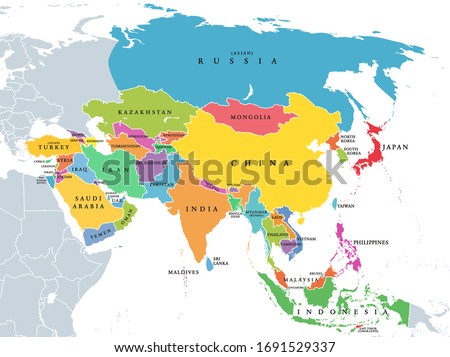 Continent Asia, political map with colored single states and countries. With the Asian part of Russia and Turkey and Sinai Peninsula as African part. English labeling. Illustration over white. Vector. Royalty-Free Stock Photo #1691529337