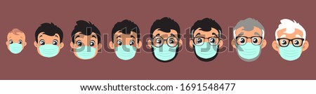 set of male heads wearing protection masks, evolution from baby to old man, big black eyes, black hair, Asian, Arab, Latino, cartoon design, vector illustration (set 1/2) coronavirus, covid-19