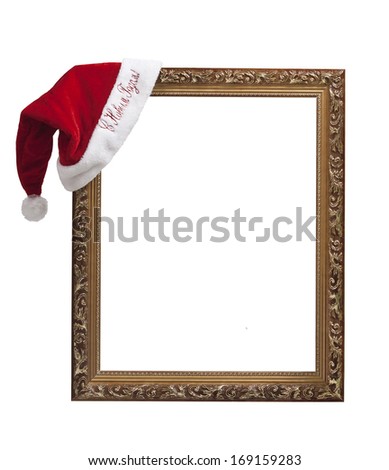 Empty frame with the hat Santa Claus with the words "happy new year!" in Russian.