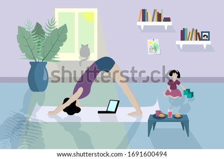 girl practices yoga in room of her house. Nearby is child, vase of flowers, cat on window, bookshelves, breakfast. Stay home, quarantine, isolation, remote work, freelancer