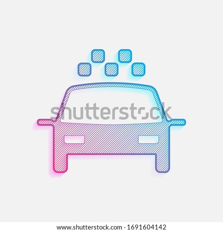 Taxi cab or car. Simple icon. Colored logo with diagonal lines and blue-red gradient. Neon graphic, light effect
