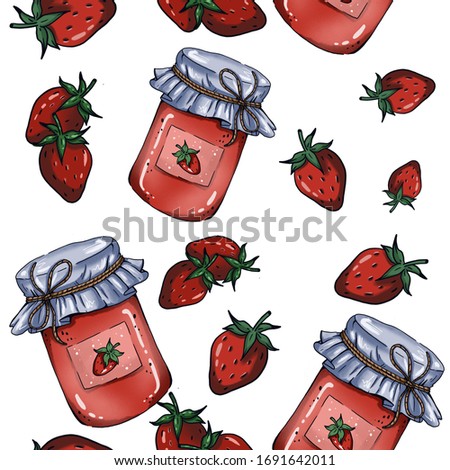 Seamless pattern with bottle, jar with strawberry jam on white background. Good for printing on textile. Wallpaper and fabric design. Wrapping paper pattern with delicious fresh berries and jam.