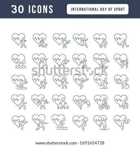 Set vector line thin icons of international day of sport in linear design for mobile concepts and web apps. Collection modern infographic pictogram and signs.