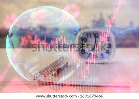 Double exposure of business theme drawings and desk with open notebook background. Concept of international market