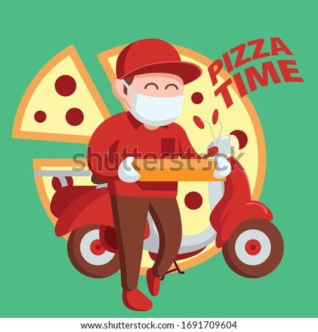 Pizza Delivery in Red Uniform Using Motorcycle or Scooter