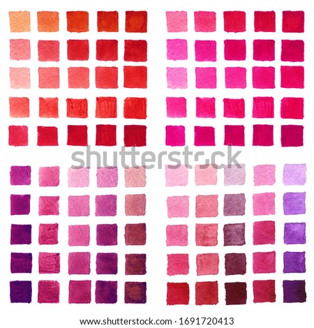 Set of square shape brush paint marks pink, red, violet colour icons