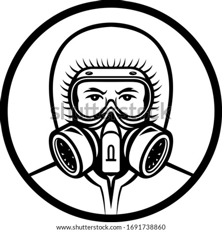 Mascot icon illustration of head of a medical professional, essential or industrial worker wearing a respiratory protective equipment, RPE viewed from front on isolated background in retro style.