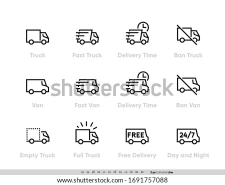 Delivery Truck icons set. Fast Truck, Minibus, Van, Delivery in Time, Ban, 24-7 Free Delivery. Vector Editable Line on white background