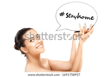 positive girl holding speech balloon saying stay home