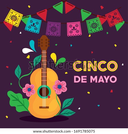 cinco de mayo poster with guitar and decoration vector illustration design
