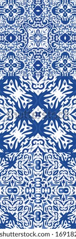 Antique portuguese azulejo ceramic. Geometric design. Collection of vector seamless patterns. Blue floral and abstract decor for scrapbooking, smartphone cases, T-shirts, bags or linens.