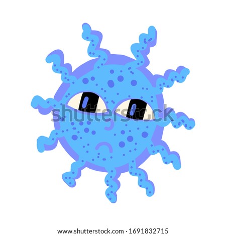 Sad blue viris or bacteria.Vector illustration for children. Illustrations with germs for childrens books. Flat style stickers are hand drawn. Big bright sticker with cute bacterias.