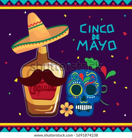 cinco de mayo poster with bottle tequila and skull decorated vector illustration design