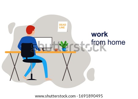 Working at home, co working space, concept illustration. Young man freelancer working on desktop at home with cup of coffee. Vector flat style illustration