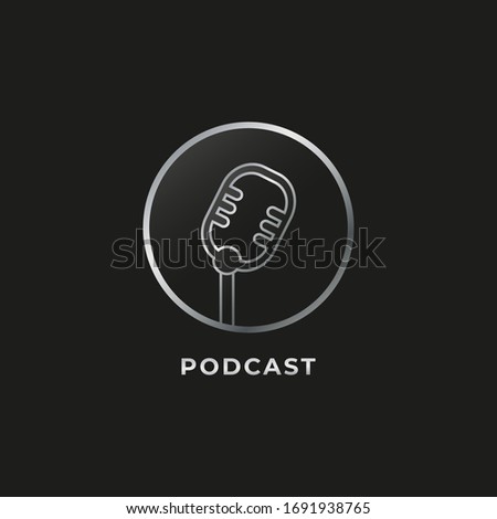 Silver Metallic Podcast logo design template isolated on black background. Retro Vintage Classic condenser microphone illustration. Broadcasting, Radio station. Pictorial logotype. 