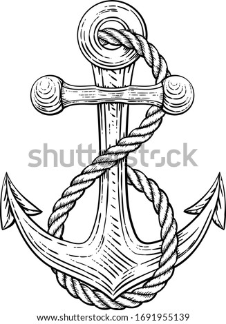 An anchor from a boat or ship with a rope wrapped around it tattoo or retro style woodcut etching drawing in a vintage style