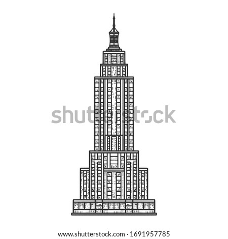 Empire State Building sketch engraving vector illustration. T-shirt apparel print design. Scratch board imitation. Black and white hand drawn image. Royalty-Free Stock Photo #1691957785