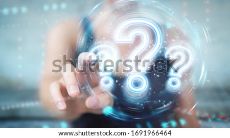 Woman on blurred background using digital question marks holographic interface 3D rendering Royalty-Free Stock Photo #1691966464
