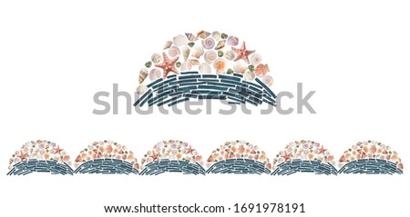 Seashells wave compositions. Beach and bath border on white background