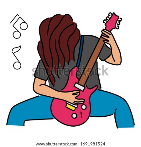 Rock Guitarist Line Art Illustration. Rock musician is playing electrical guitar. Cartoon vector illustration