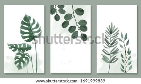 Set of botanic and wild leaves in watercolor painting. Design for frame hanging, poster, and card. Royalty-Free Stock Photo #1691999839