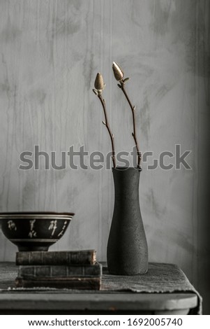 Two branches of magnolia in a black vase on grey linen with three old black books and a japanese teacup in front