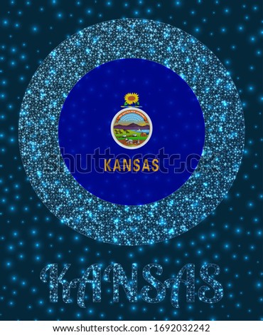 Round Kansas badge. Flag of Kansas in glowing network mesh style. Us state network logo. Cool vector illustration.