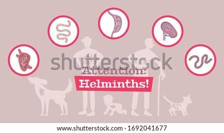 Helminth parasitic intestinal worms kids adults animals infection symptoms cause prevention medical  flat info banner vector illustration 