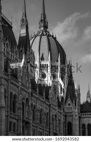 Beautiful details of the hungarian parliament in Budapest, black and white photo.